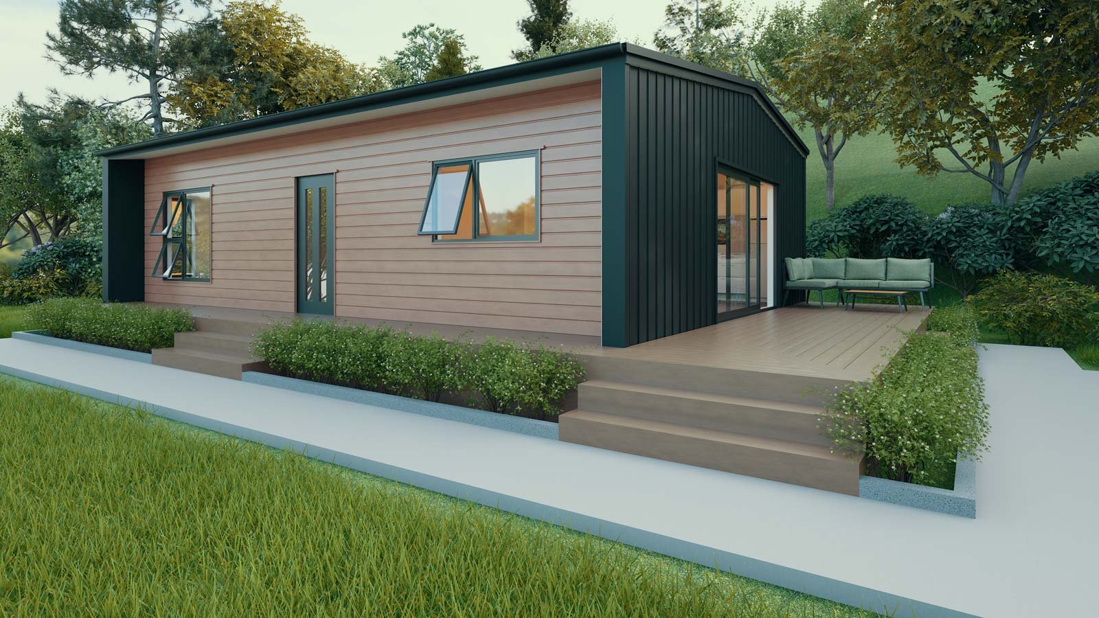 A 38sqm unit surrounded by foliage, large windows inset amongst cedar cladding reflecting the blue sky